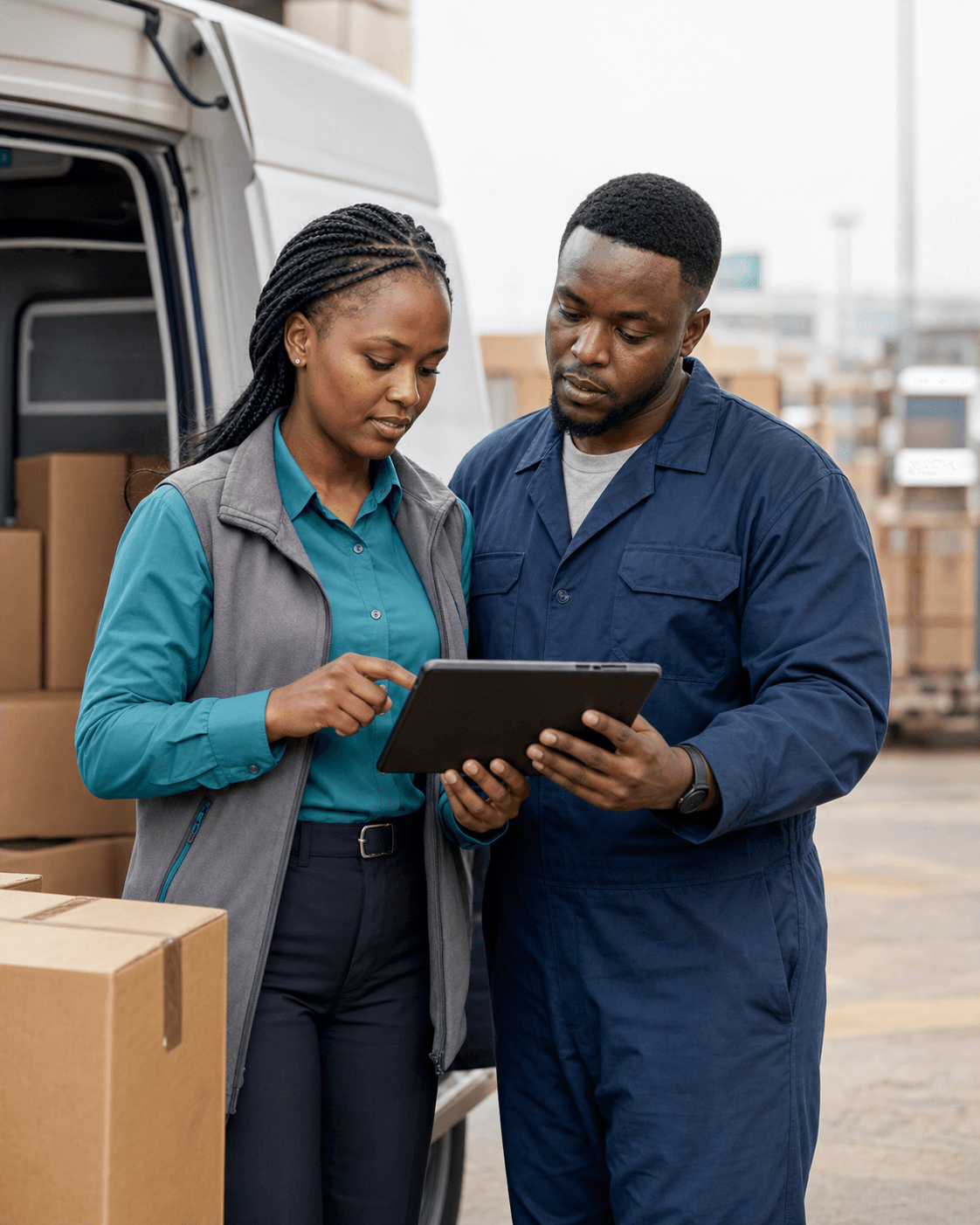 A logistics coordinator and delivery driver planning work together on a tablet
