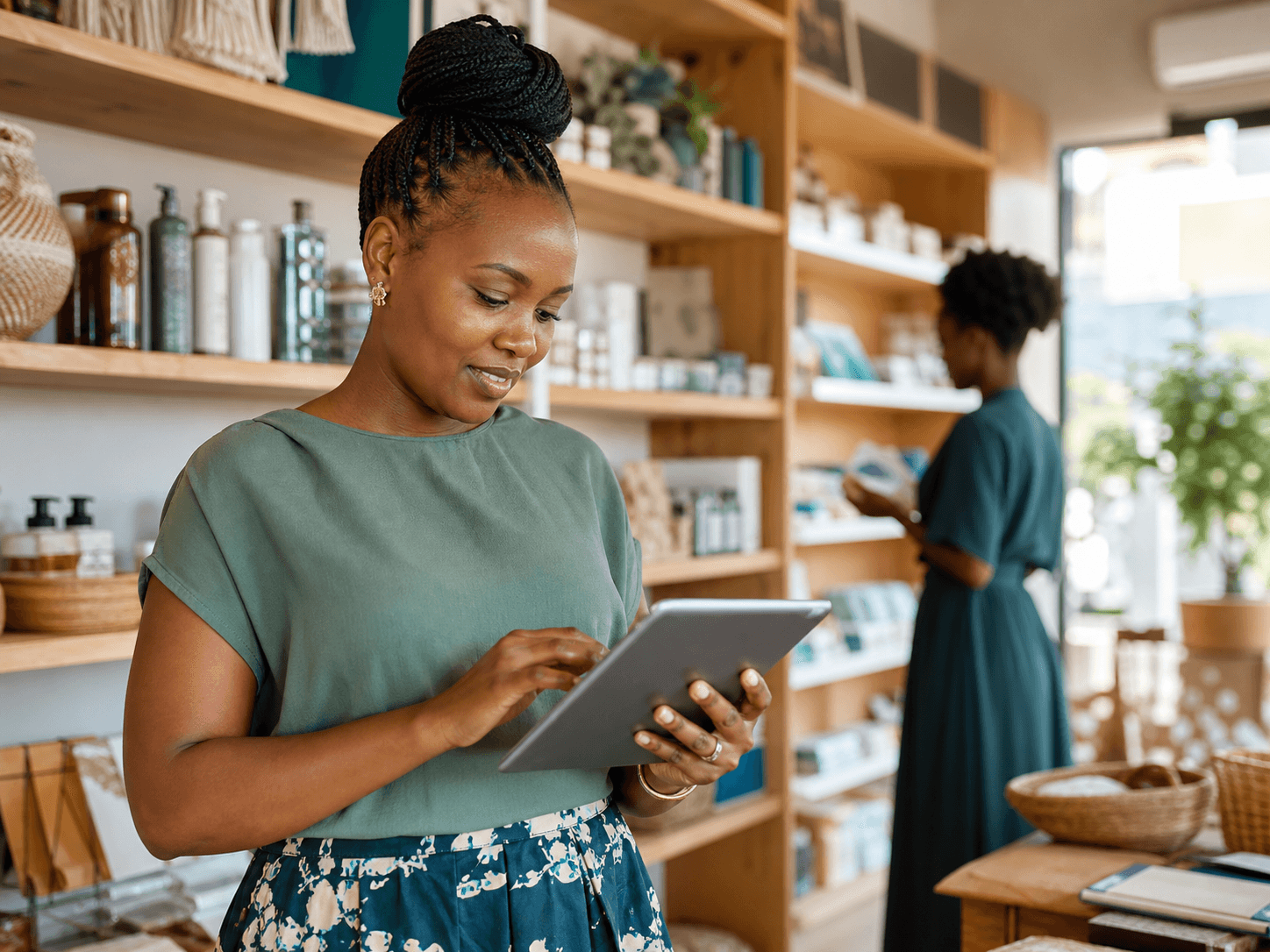 A shop owner using a tablet as part of her daily work